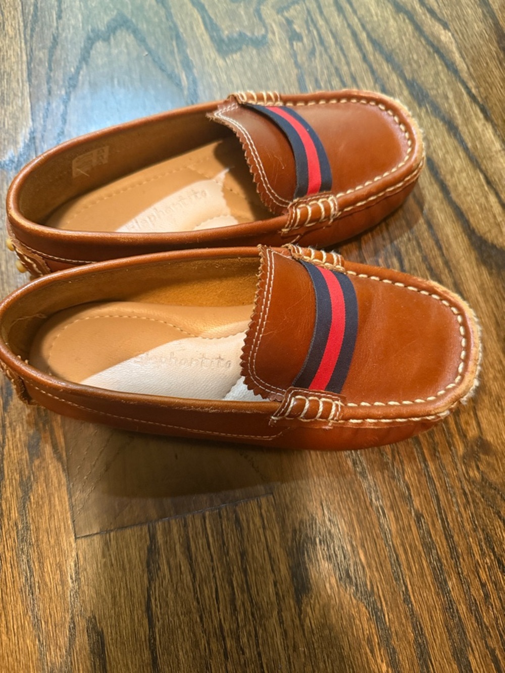 Elephantito Tan Leather Kids Loafers with Navy & Red Stripe